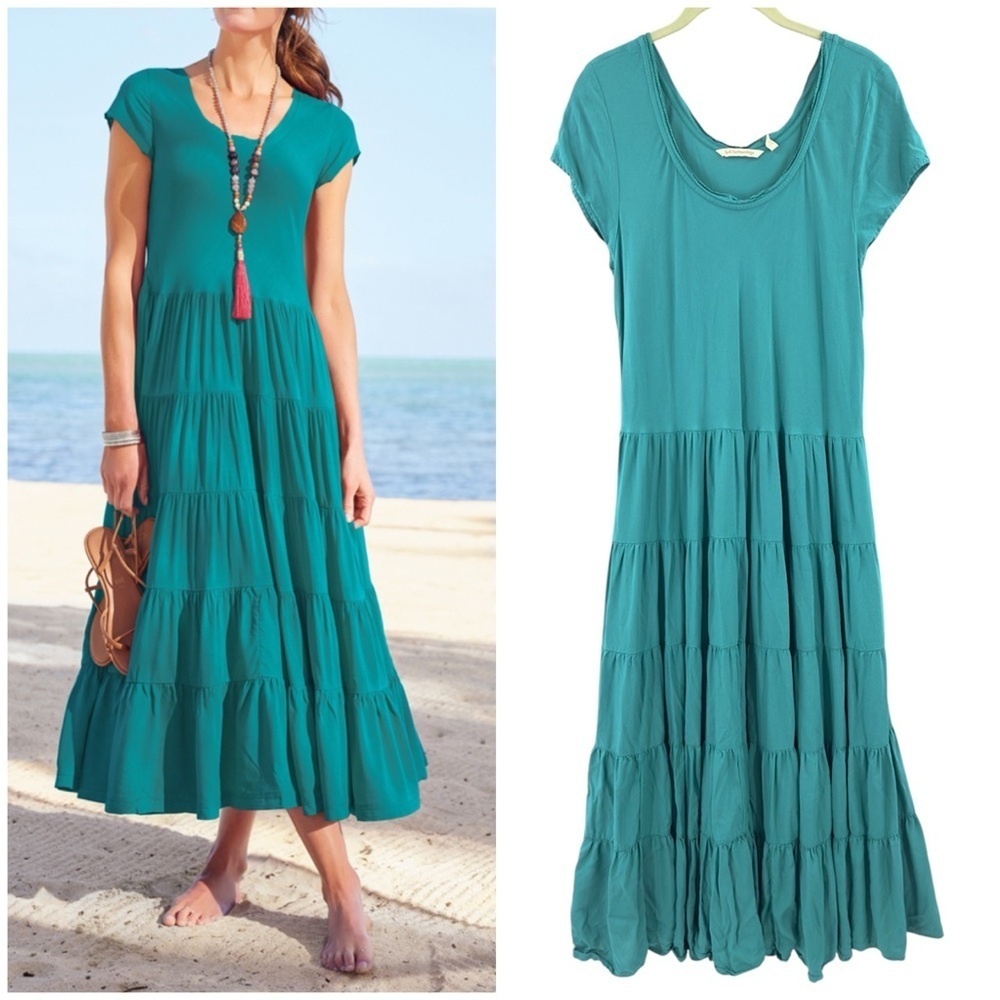 Soft Surroundings Kara Maxi Dress Womens Large Tiered Boho Beach Stretch Comfy